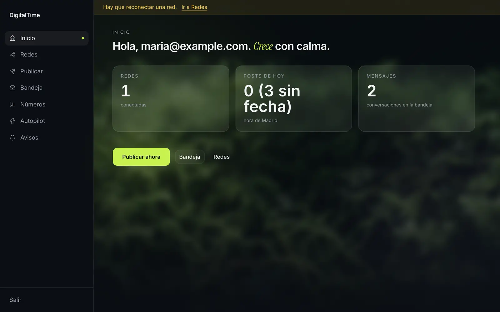 La pantalla Inicio de DigitalTime